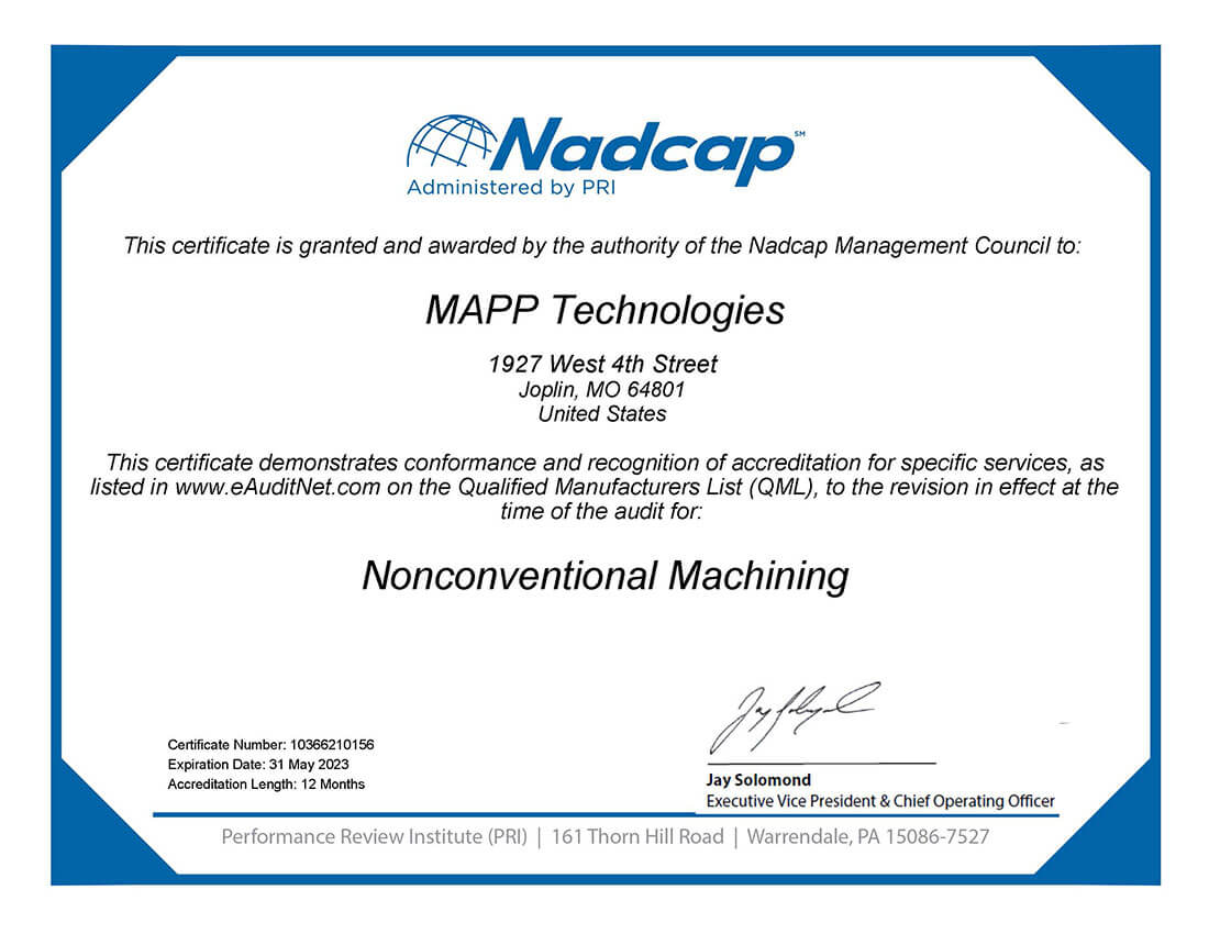 MAPP Nonconventional Machining Certificate