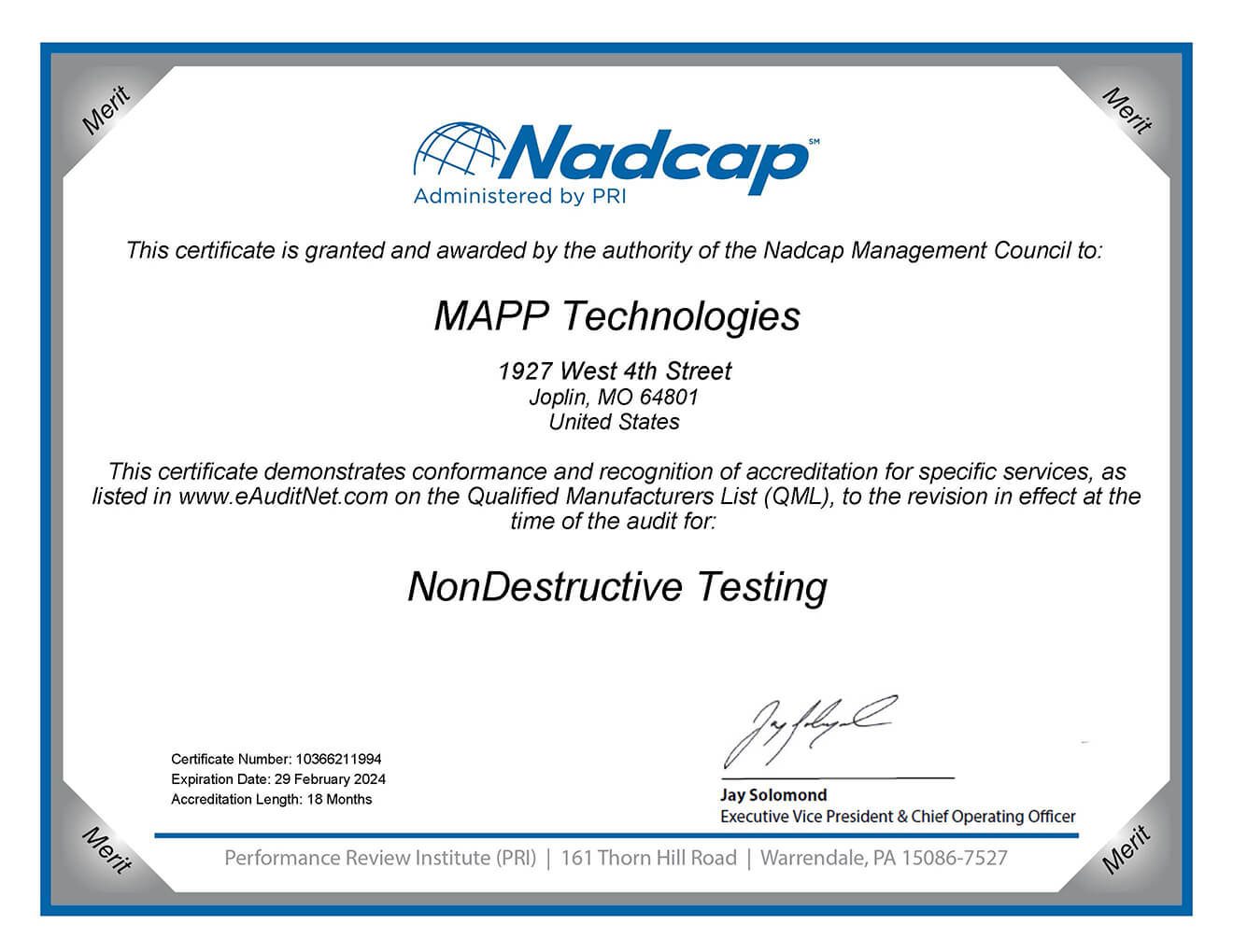 MAPP NonDestructive Testing Certificate