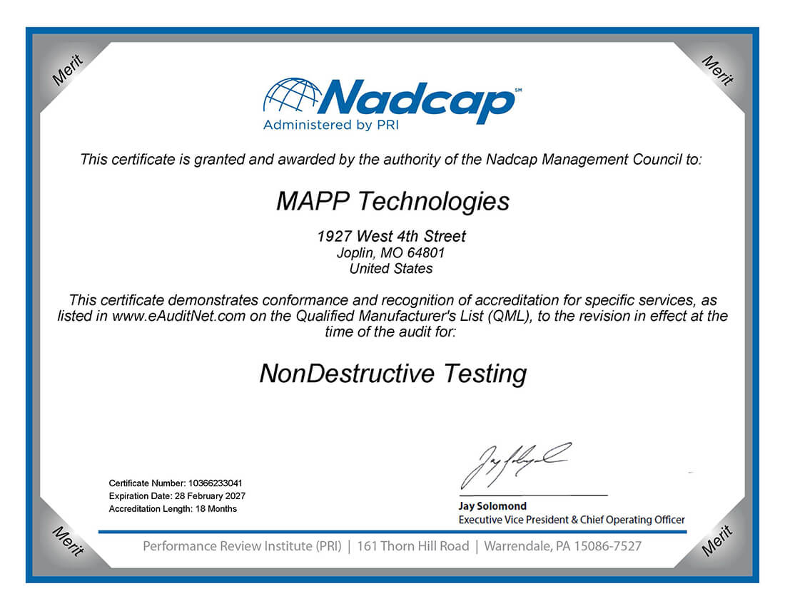 MAPP NonDestructive Testing Certificate